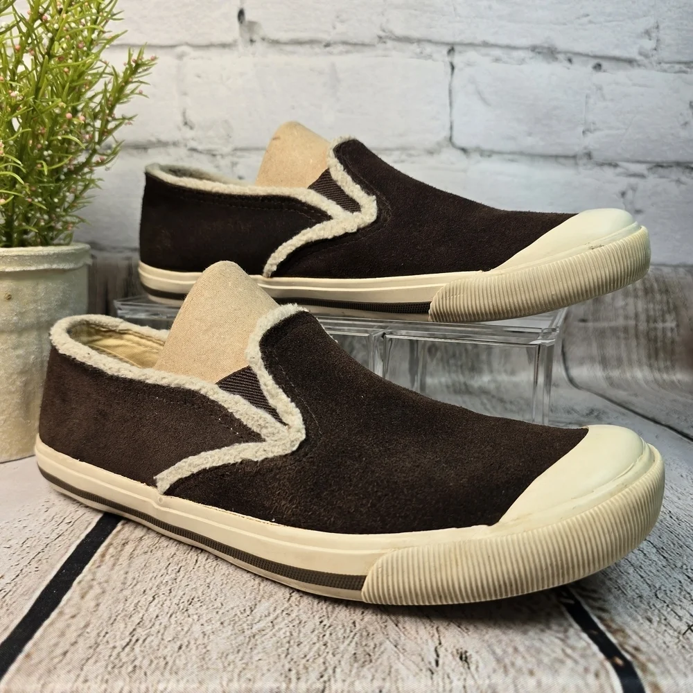 ALDO BROWN SUEDE SLIP ON SNEAKER LOAFER CREAM TRIM WOMENS SIZE 39 EURO